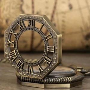 Steampunk skeleton pocket watch bezel detail showing carved Roman numerals, embossed bronze texture, and hollow octagonal frame design