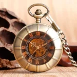 Open-face steampunk skeleton pocket watch with visible mechanical gears, bronze finish, red Roman numerals on black dial