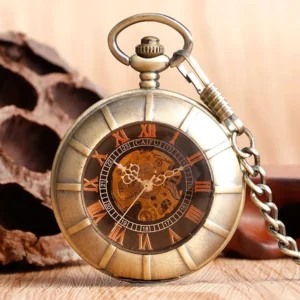 Open-face steampunk skeleton pocket watch with visible mechanical gears, bronze finish, red Roman numerals on black dial