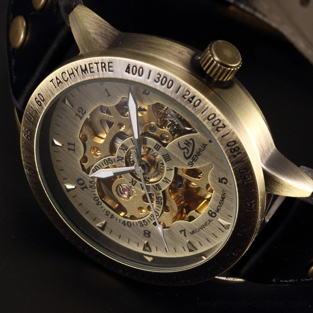 Front view of skeleton steampunk watch featuring large winding crown, black leather strap with studs, and hollowed transparent movement design