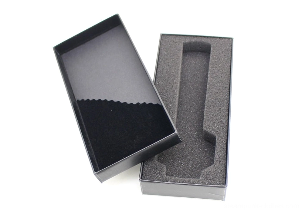 Steampunk watch gift box packaging, black exterior box with foam liner and dedicated watch holding slot