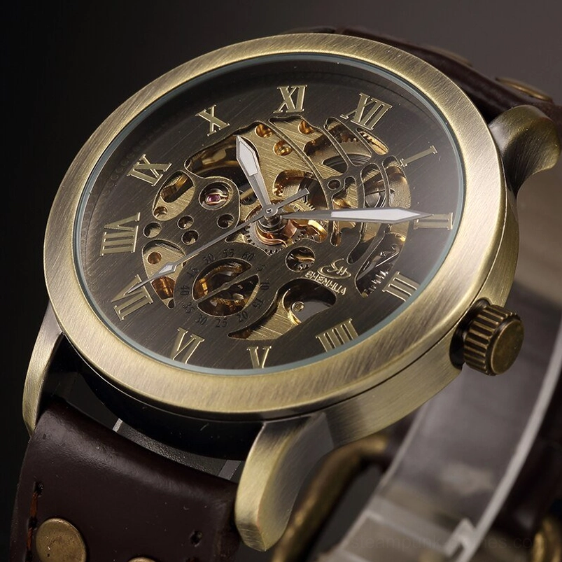 Automatic skeleton watch left view, large 43mm round dial with Roman numerals and visible mechanical escapement