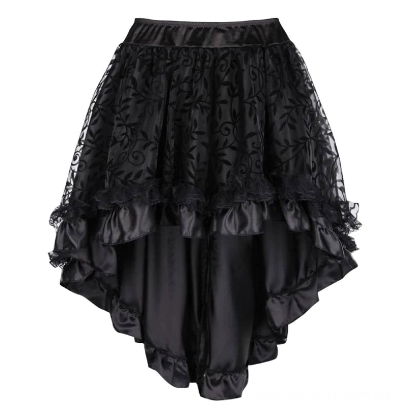 Steampunk high-low asymmetrical skirt with double-layer construction, floral lace trim, and ruffled satin edging detail