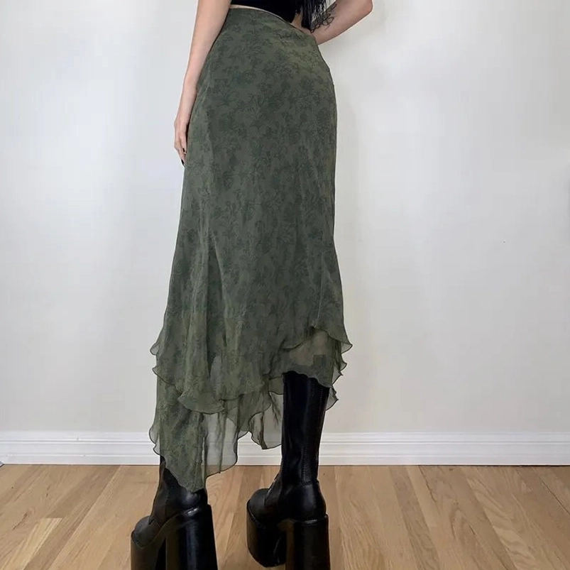 Back view of olive green steampunk floral skirt showing ruffled uneven hem and layered chiffon construction with fitted waist