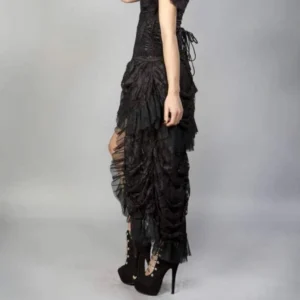 Steampunk gothic skirt left side view on model, featuring ruched lace fabric and visible lace-up corset back detail
