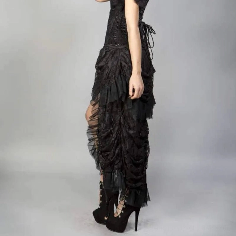 Steampunk gothic skirt left side view on model, featuring ruched lace fabric and visible lace-up corset back detail