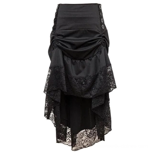 Black steampunk high-low skirt with ruched front, button details, black lace trim - flat lay product display