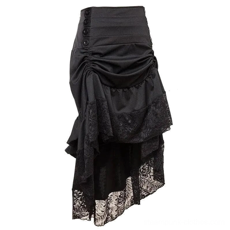 Black western steampunk skirt with layered ruffled hem, front ruching, button embellishments - product flat photography