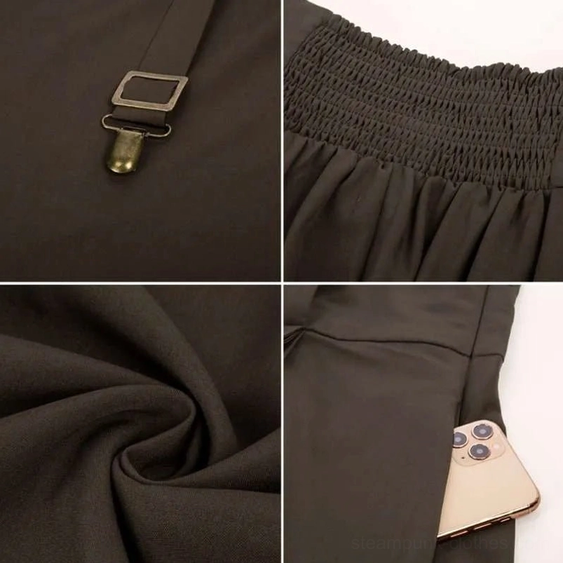 Detailed flat lay of steampunk skirt bronze square buckle hardware with metal clip and dark brown matte fabric