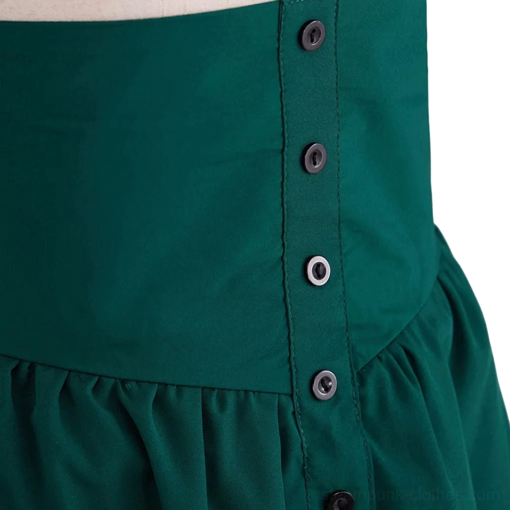 Close-up detail of steampunk skirt dark green woven fabric with contrasting round buttons and gathered waistband