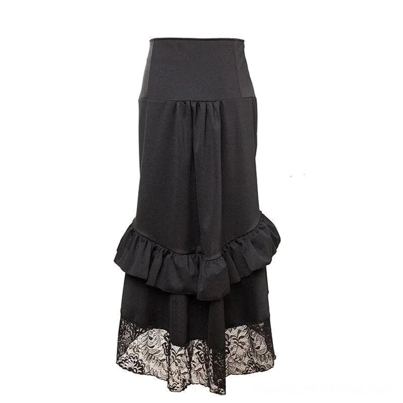 Charcoal gray steampunk high-low skirt with lace trimmed layered hem, no ruching - flat lay product image