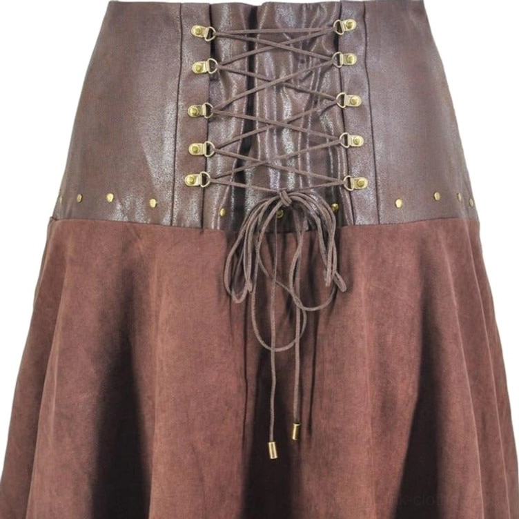 Steampunk corset waist ruffled skirt lace-up front brass fittings close-up detail