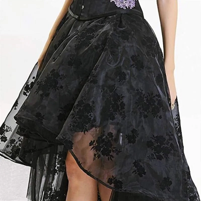 Steampunk skirt close-up detail of floral flocked organza and purple corset trim accent at hip