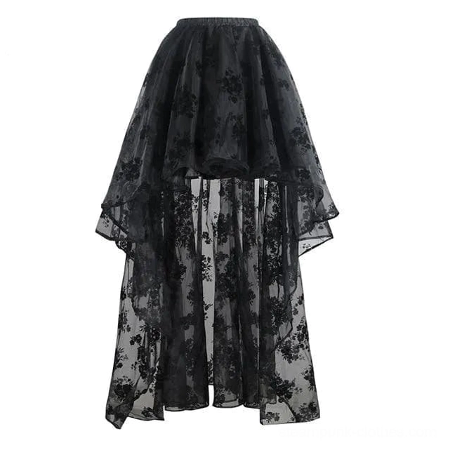 High-low floral steampunk skirt flat lay display showing asymmetrical hemline and black flocked mesh construction