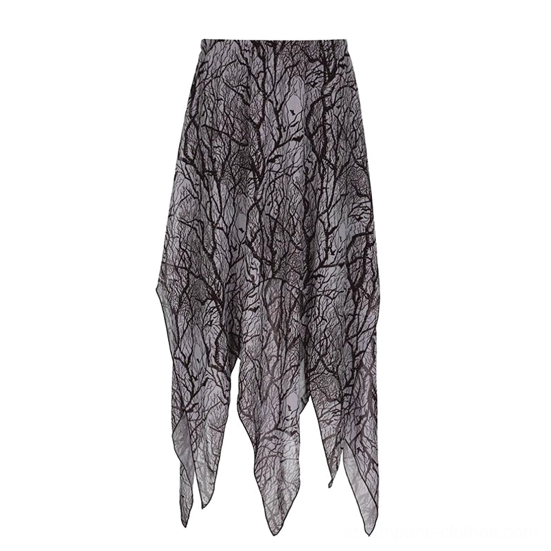 Steampunk midi skirt flat lay front view showing grey fabric with dark branch print and handkerchief asymmetrical hem