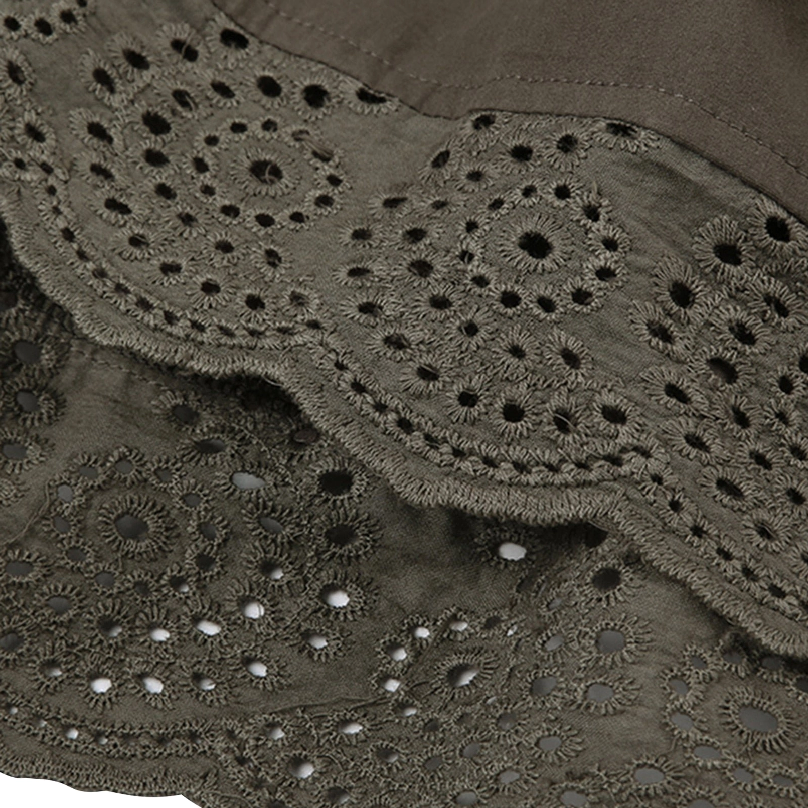 Detailed close-up of eyelet embroidery and scalloped wavy lace trim edge of steampunk skirt hem