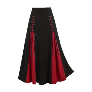 Flat lay product photo of steampunk gothic skirt displaying black base fabric with wine red side panels and ribbon lace-up corset decoration