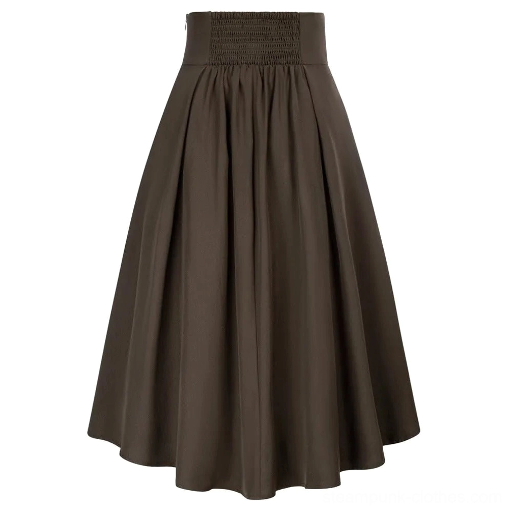 Steampunk pirate skirt featuring shirred elastic waistband and flowing matte fabric, front studio photography
