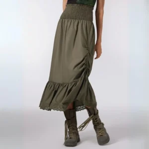 Right side profile view of steampunk skirt displaying side drawstring ruched detail, smocked high waist, and full gathered ruffled lace hem edge