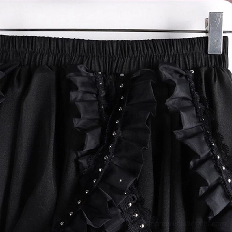 Close-up detail of steampunk skirt waistband with elasticated design and ornate studded ruffled lace trim embellishment