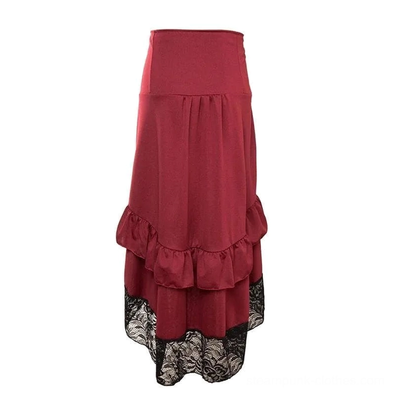 Wine red steampunk skirt with lace trimmed layered hem, no ruching detail, clean front panel - flat product photography