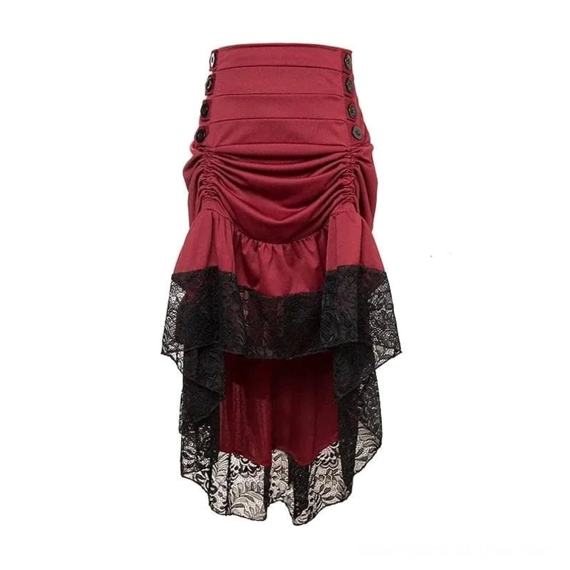 Wine red steampunk high-low skirt with black lace trim, front ruching, button embellishments, flat lay product photography