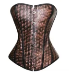 Skull embossed steampunk overbust corset front view aged bronze leather texture with hook-and-eye closure and reinforced boning