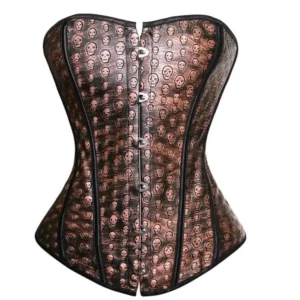 Skull embossed steampunk overbust corset front view aged bronze leather texture with hook-and-eye closure and reinforced boning