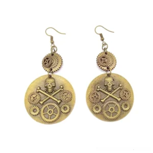 Front studio view of steampunk pirate skull earrings with fishhook ear wires and bronze gear pendant detail on white background