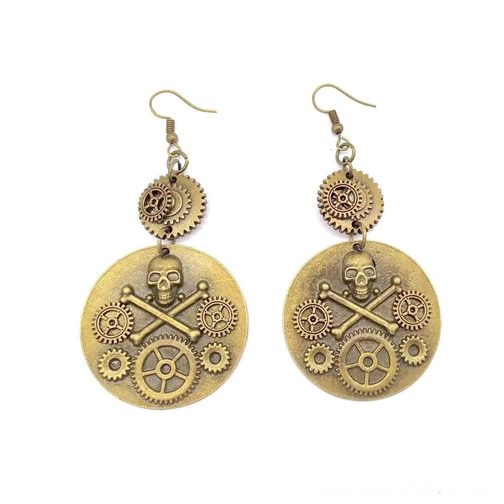Front studio view of steampunk pirate skull earrings with fishhook ear wires and bronze gear pendant detail on white background