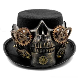 Steampunk skull top hat direct front view symmetrical bronze gear decoration aged metal finish