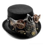 Steampunk skull top hat with half-skeleton face and copper-tone gears front three-quarter view