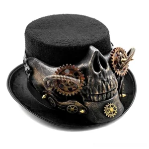 Steampunk skull top hat with half-skeleton face and copper-tone gears front three-quarter view