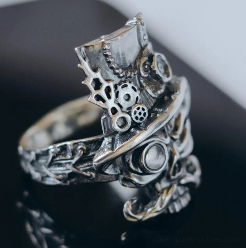 Steampunk skull gentleman ring side three-quarter view showing engraved band and mechanical details