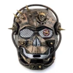 Steampunk skull robot mask full front view, handcrafted bronze finish with embossed skull badge, geared mesh eye panels, metal spikes, and aged patina texture on white background
