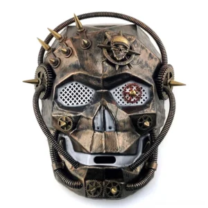 Steampunk skull robot mask full front view, handcrafted bronze finish with embossed skull badge, geared mesh eye panels, metal spikes, and aged patina texture on white background