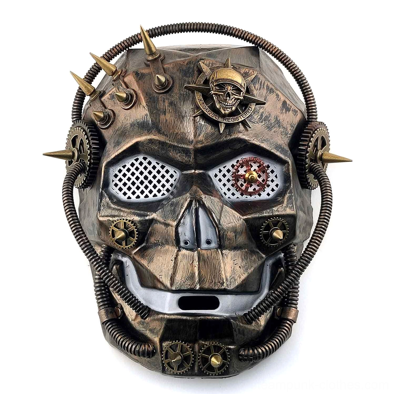 Steampunk skull robot mask full front view, handcrafted bronze finish with embossed skull badge, geared mesh eye panels, metal spikes, and aged patina texture on white background