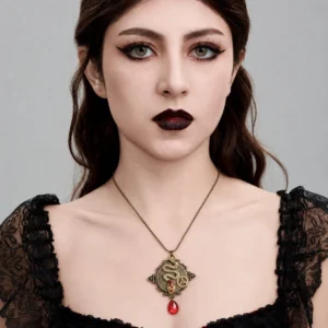 Woman wearing steampunk snake necklace with red rhinestone and gear pendant, showcasing gothic styling with dark makeup and black lace top against studio background