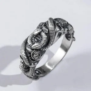 Oxidized silver steampunk ring with double-headed snake and skull design, three-quarter side view on minimalist white background, showing detailed gothic embossed motifs and weathered metallic finish