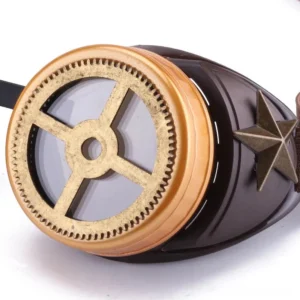 Close-up side view of steampunk goggles showing pentagram decoration, bronze gear details, and two-tone brown and bronze color palette