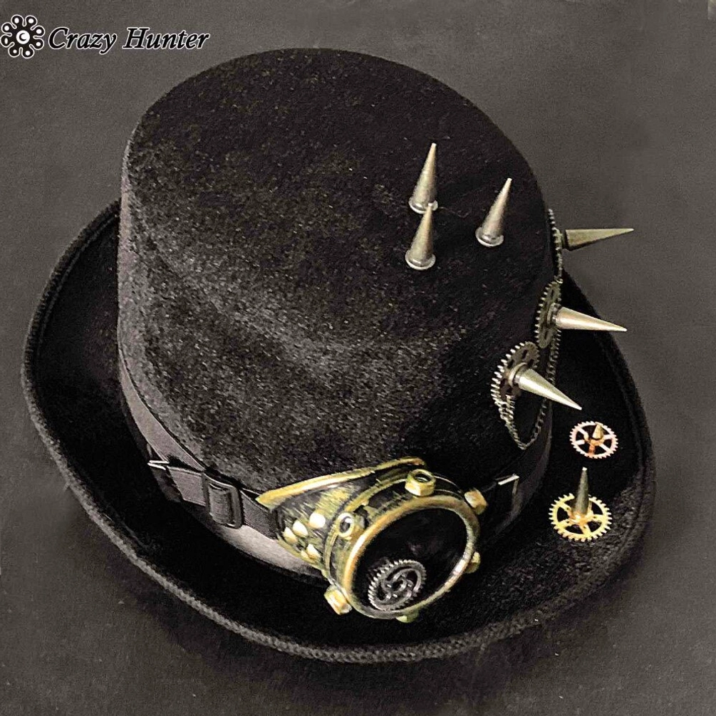 Steampunk top hat rear three-quarter view displaying attached goggles and decorative gear brooches on brim