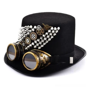 Black steampunk spike top hat with silver metal spike trim and brass gear ornaments, shown from left front angle with integrated brass goggles, studio shot with white background