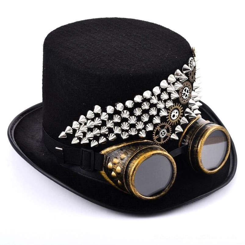 Steampunk spike top hat featuring full silver spike band and brass gear details, photographed from right front angle with attached brass goggles, plain white studio backdrop