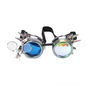 iridescent steampunk spiked goggles with dual tinted lenses and detachable side magnifier on white background