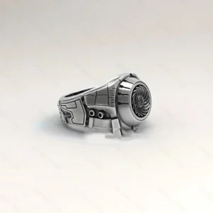 Steampunk spiral ring side angle showing mechanical industrial details and band construction in dark silver finish