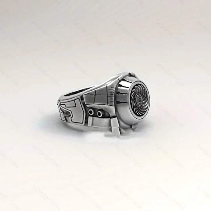 Steampunk spiral ring side angle showing mechanical industrial details and band construction in dark silver finish