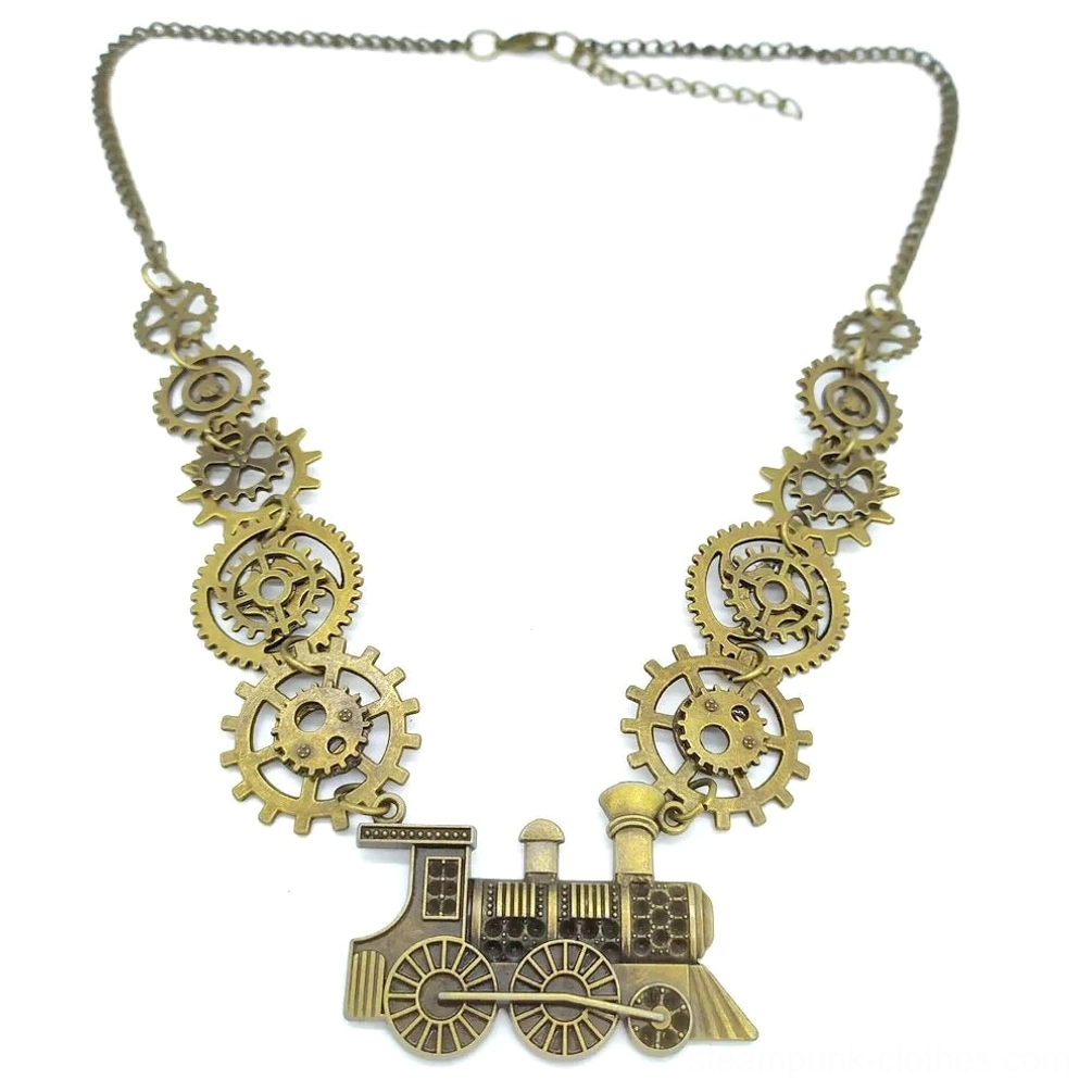Antique bronze steampunk steam train necklace front flat lay displaying symmetric gear chain design, front-facing locomotive pendant with clasp, industrial Victorian aesthetic