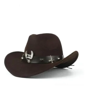 Dark brown steampunk western cowboy hat with winged skull leather band and metal spikes, shown from left three-quarter front view against white background