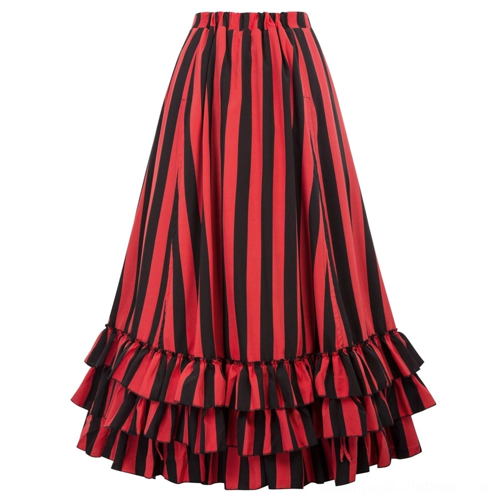 Steampunk striped maxi skirt full length view, displaying the elegant layered ruffled hem and high-waist design perfect for Victorian-inspired fashion
