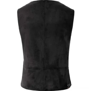 Steampunk suede vest rear view showing structured back seam and gear embellishment at hem on white background